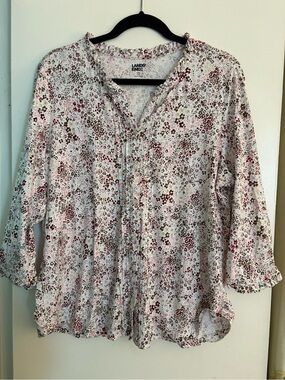 Lands' End Lightweight Jersey Floral-Print Pintuck Button Front Shirt